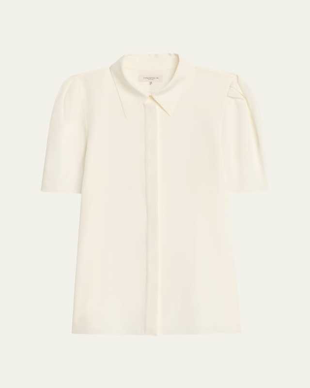 Silk Puff-Sleeve Button-Front Blous